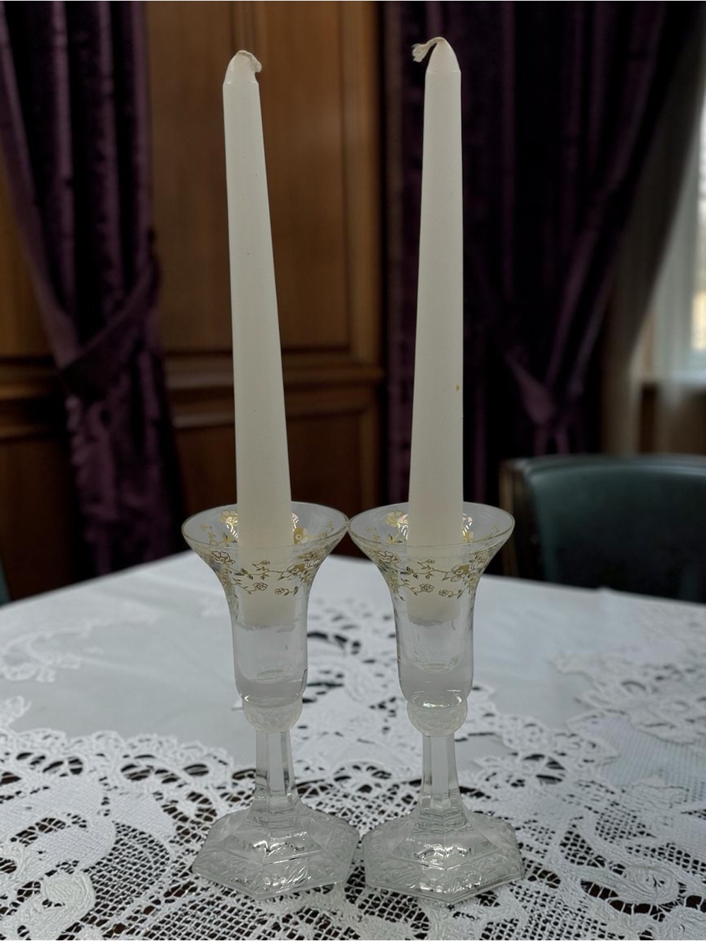 Two VTG MCM Crystal Taper Candle Holders Rosenthal Classic Rose Germany Wedding